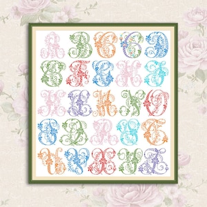 May include: A colourful alphabet with each letter decorated with a floral design. The letters are in a white frame with a green border.
