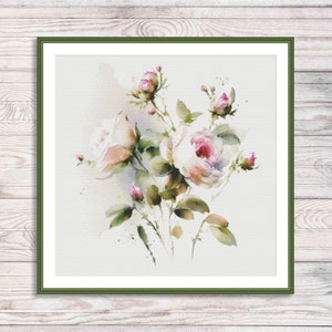 Aquarel rozen tak geteld kruissteekpatroon roze bloemen tak van tuin bloemen vintage bloemen digitaal borduurpatroon pdf
