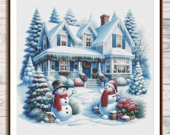Christmas House Counted Cross Stitch Pattern Christmas Tree Winter Landscape Holidays Hand Embroidery Needlepoint Chart Cottage PDF