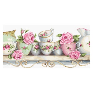 Tea cups with roses Counted Cross Stitch Kit Still life Modern Cross stitching kit Luca-S B2330 Embroidery Flower painting Kit Bouquet