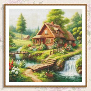 May include: A painting of a wooden cabin with a thatched roof, surrounded by lush greenery and a small stream. The cabin has a porch and a fence, and there is a small bridge over the stream. The scene is idyllic and peaceful.