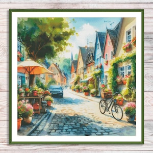 Sunny Street Counted Cross Stitch Pattern Village Cottage Flowers Floral House Hand Embroidery Needlepoint Chart Building Summer Landscape