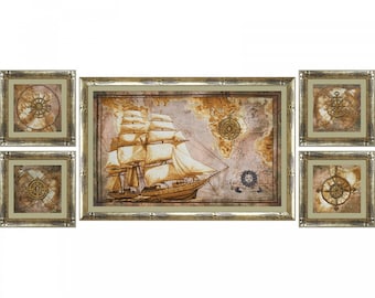 May include: A set of five framed prints with a nautical theme. The center print features a vintage ship sailing on a map background. The other four prints feature compass roses and an anchor.