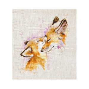 May include: Two orange and white fox cubs cuddling with their heads touching. The background is a light beige canvas with a purple watercolour effect.