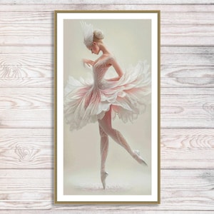 May include: A framed artwork of a ballerina in a white and pink floral-inspired dress. The dancer is in a graceful pose, with one leg extended and arms gently curved. The artwork has a soft, ethereal quality, with delicate details.