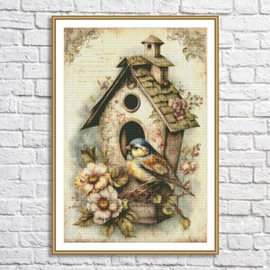 Vintage Bird House Cross Stitch Patroon Vogels op een tak Lente Vogel Xstitch Patroon Dierenborduurwerk Bloemen Hand Needlepoint Chart PDF