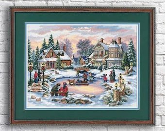 Treasure time Counted Cross Stitch Pattern Christmas Village Winter Landscape Hand Embroidery Needlepoint Chart Cottage Santa Pattern PDF