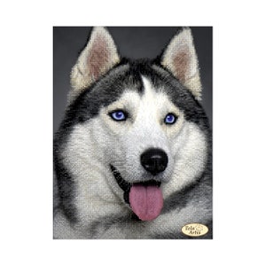 May include: Close-up portrait of a Siberian Husky with blue eyes and a pink tongue sticking out. The dog is made of beads and has a white and grey fur pattern.