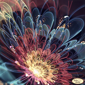 May include: Abstract digital art featuring a colorful flower with a bright yellow center surrounded by red, blue, and green petals. The flower is made up of small dots and lines, creating a textured and intricate design.