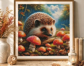 Patrón de punto de cruz de erizo, hojas de otoño, patrón digital, decoración moderna, patrón de animales del bosque, setas del bosque de otoño, gráfico de punto de aguja