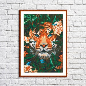 Wild jungle paradise Cross Stitch Pattern Tiger face Digital Pattern Modern Decor Big Cat Animals Pattern Summer Tropical Forest Embroidery