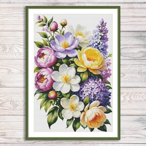 Zomerboeket geteld kruissteekpatroon Boeket lila vintage bloemen digitaal patroon gele rozen borduren borduurpatroon