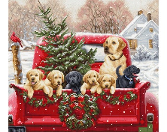 Labrador Truck Counted Cross Stitch Kit LucaS BU5009 Counted Cross Stitch Kits Playful Puppy Embroidery animals Christmas Snow Winter