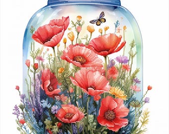 Bead Embroidery kit Summer in a jar DIY Needlework Kit Wild flower Beadwork Red poppies Hand embroidery Beading Embroidery of bead ТА-533