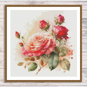 Aquarel rozen tak geteld kruissteekpatroon gele bloemen Tak van tuinbloemen Vintage bloemen digitaal borduurpatroon pdf