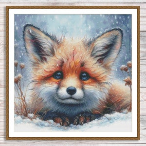 May include: A close-up of a red fox with blue eyes, looking directly at the camera. The fox is sitting in the snow with a snowy background.