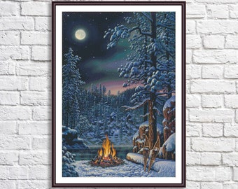 Fire and ice Counted Cross Stitch Pattern Winter landscape Snow Bonfire Winter forest Embroidery Needlepoint Chart Digital Pattern Moonlight