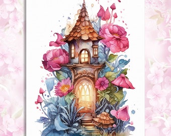 May include: A watercolor painting of a whimsical tower house surrounded by pink flowers and greenery. The tower has a pointed roof, a small window, and a door with steps leading up to it. The painting is done in a soft, romantic style.