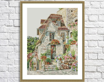 Ville confortable compté point de croix motif Village Cottage fleurs maison florale broderie à la main tableau de point d'aiguille bâtiment paysage d'été