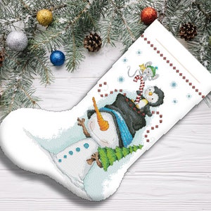 Jolly Trio Christmas Stocking Counted Cross Stitch Pattern Snowman Embroidery Chart Hand Decor Embroidery Needlepoint Chart Instant download