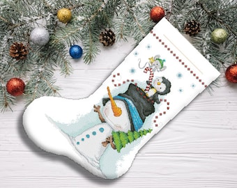 Jolly Trio Christmas Stocking Counted Cross Stitch Pattern Snowman Embroidery Chart Hand Decor Embroidery Needlepoint Chart Instant download