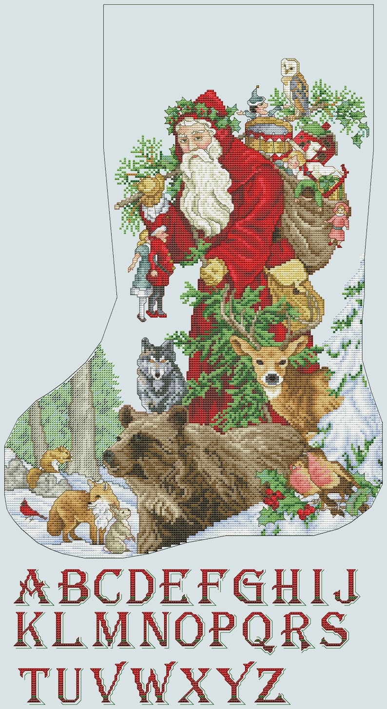 Woodland Santa Christmas Stocking Counted Cross Stitch Pattern Etsy
