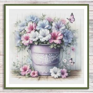 Paarse bloemenvaas Kruissteekpatroon Tuinbloemen Digitaal patroon Modern decor Wilde bloemen Patroon Boeket Borduren Borduren Borduurwerk