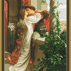 Patrón de punto de cruz de Romeo y Julieta, gráfico de bordado, beso, regalo de San Valentín, PDF digital vintage, decoración de pared moderna, bordado a mano imagen 4