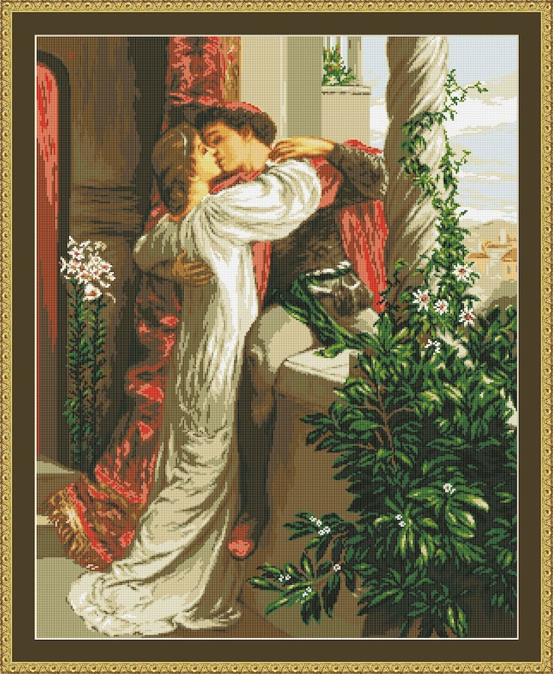 Patrón de punto de cruz de Romeo y Julieta, gráfico de bordado, beso, regalo de San Valentín, PDF digital vintage, decoración de pared moderna, bordado a mano imagen 4