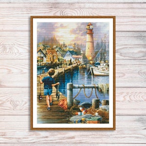 Fishing by the sea Counted Cross Stitch Pattern Digital Pattern Modern Decor Landscape Pattern Hand Embroidery Needlepoint Seagulls Sea