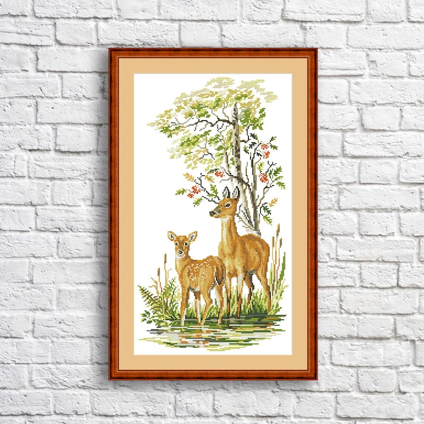 Deer with Fawns Counted cross stitch Pattern Autumn Forest Modern Embroidery Hand Xstitch Decor Deer Embroidery Needlepoint Chart Landscape