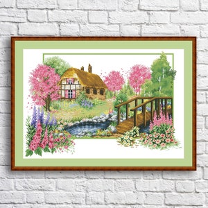 Spring landscape Counted Cross Stitch Pattern Village House Hand Embroidery Needlepoint Chart Cottage Pattern PDF Modern Cross Stitch