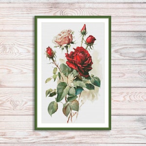 Aquarel rozen tak #5 geteld kruissteekpatroon roze bloemen Tak van tuinbloemen Vintage bloemen digitaal borduurpatroon PDF