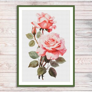 Aquarel rozen tak geteld kruissteekpatroon roze bloemen tak van tuin bloemen vintage bloemen digitaal borduurpatroon pdf