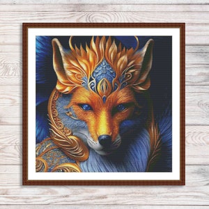 Peut inclure: Un gros plan sur le visage d'un renard avec des motifs dorés et bleus complexes. Le renard a une crinière dorée et des yeux bleus.