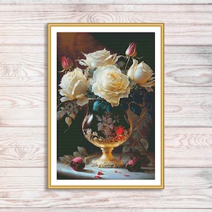 White Roses Cross Stitch Pattern Digital Pattern Modern Decor Flower Xstitch Pattern Floral Embroidery Needlepoint Chart  Download PDF
