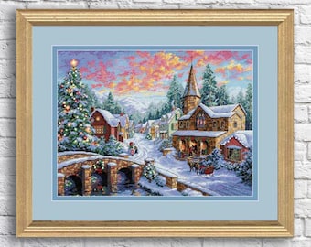 Holiday Village Counted Cross Stitch Pattern Christmas Village Winter Landscape Hand Embroidery Needlepoint Chart Cottage PDF