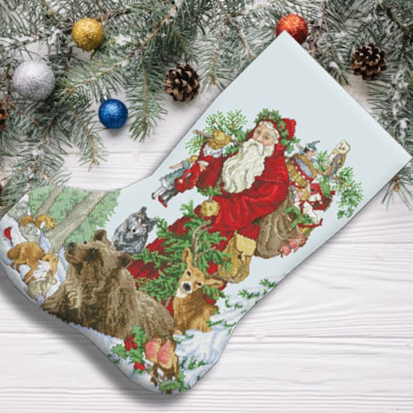 Woodland Santa Christmas Stocking Counted Cross Stitch Pattern Embroidery Chart Hand Decor Embroidery Needlepoint Chart Instant download PDF