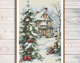Christmas House Counted Cross Stitch Pattern Christmas Tree Winter Landscape Holidays Hand Embroidery Needlepoint Chart Cottage PDF