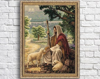May include: A painting of Jesus, the Good Shepherd, sitting on a rock with a staff in his hand. He is wearing a white robe and a red cloak. Two white lambs are sitting near him. The background is a green field with a path leading to a distant village.