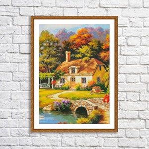 Summer cottage Counted Cross Stitch Pattern Summer Landscape Pattern Swans couple Hand Embroidery Needlepoint Chart Cottage Digital Pattern