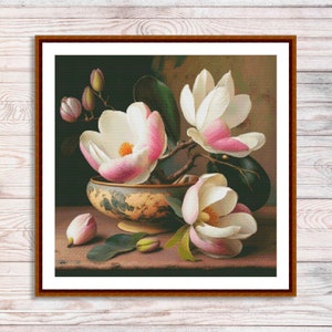 Magnoliatak #2 geteld kruissteekpatroon roze bloemen Tak van tuinbloemen Vintage digitaal bloemenpatroon borduurpatroon pdf