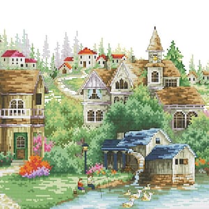 Green Village Counted Cross Stitch Pattern Summer Landscape Pattern Hand Embroidery Needlepoint Chart Village Cottage Digital Pattern
