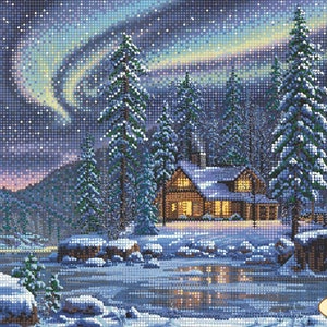 May include: A snowy winter scene with a cabin in the woods. The cabin has lights on in the windows and is surrounded by snow-covered trees. The sky is dark blue with a bright green and purple aurora borealis in the background.