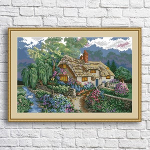 Bedfordshire Sunset Counted Cross Stitch Pattern Summer Landscape Pattern Hand Embroidery Needlepoint Chart Village Cottage Digital Pattern