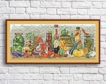 Flavour of Autumn Cross Stitch Pattern Kitchen Decor Hand Embroidery Needlepoint Chart Counted cross stitch PDF  Vegetables Preservation