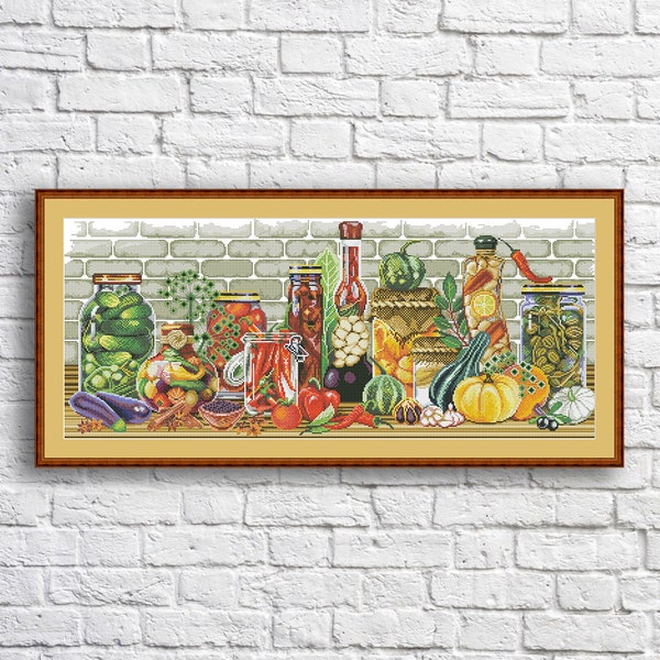 Flavour of Autumn Cross Stitch Pattern Kitchen Decor Hand Embroidery Needlepoint Chart Counted cross stitch PDF  Vegetables Preservation