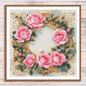 Vintage rozen lijst geteld kruissteek patroon pdf vintage bloemenkaart boeket rozen digitaal patroon pdf roze rozen borduurkaart