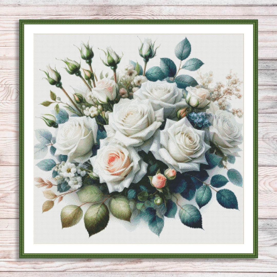 White Roses Bouquet Cross Stitch Pattern Digital Pattern Modern Decor ...