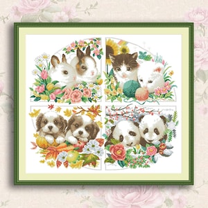Dieren van seizoenen Kruissteekpatroon Wilde dieren Natuur Modern patroon Dierenborduurwerk Borduurschema Pups Kittens Panda Konijnen